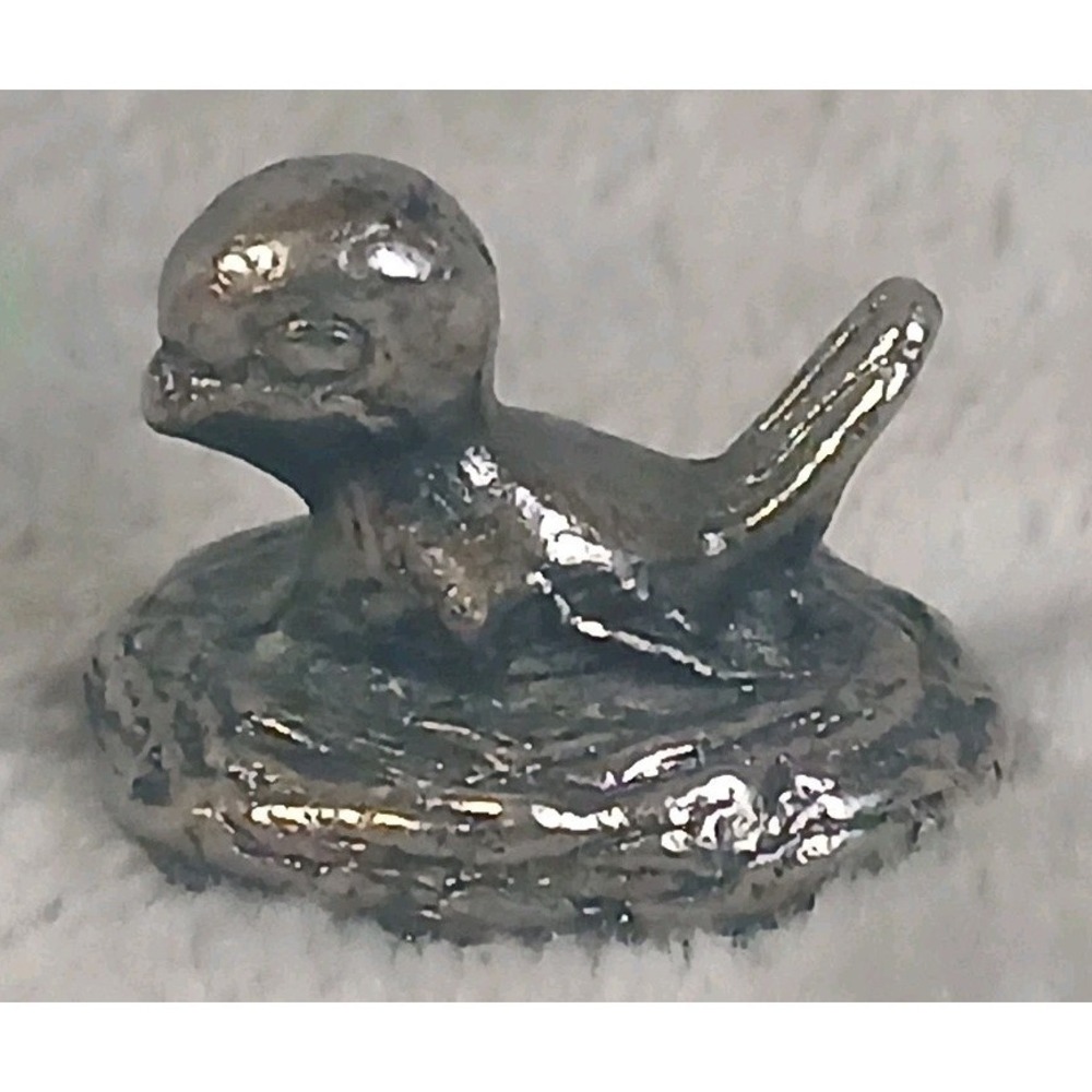 Vintage Spoontiques Pewter Nesting Bird Figurine Miniature Nest Trinket READ